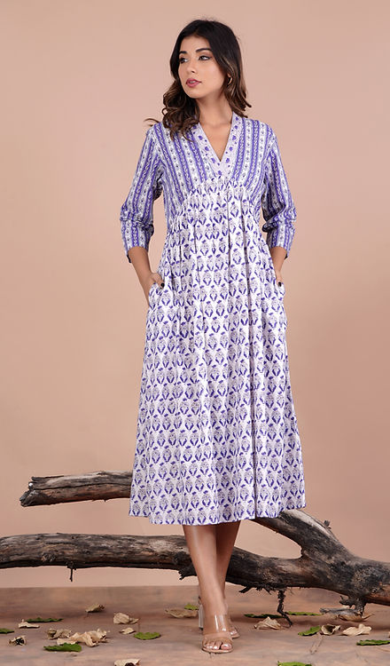 White Purple Damask Block Print Midi Dress