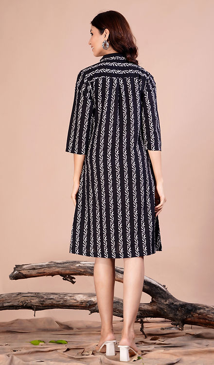 White Vine Block Print Midi Dress
