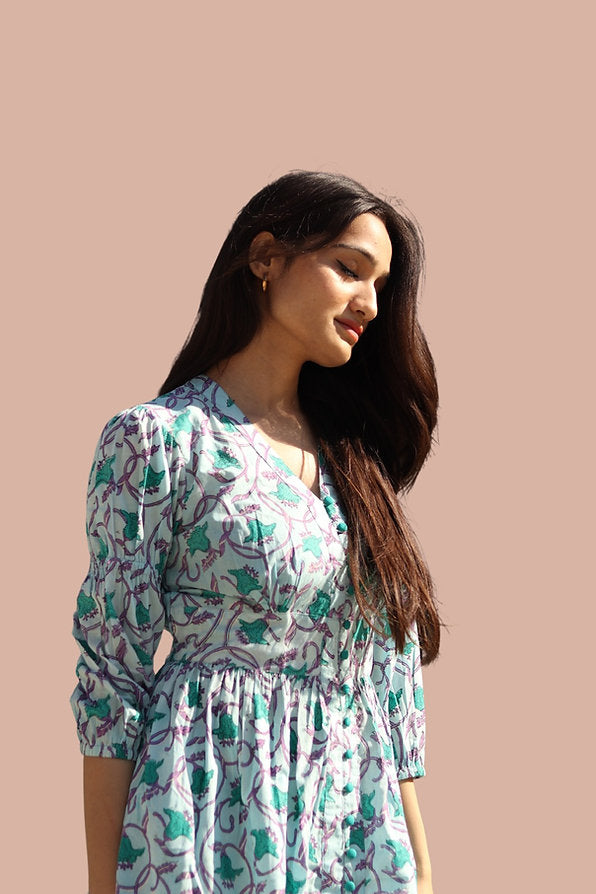 girl in floral blue dress