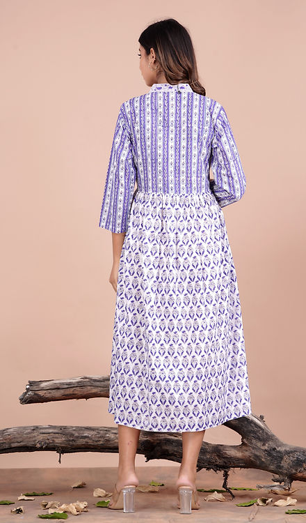 White Purple Damask Block Print Midi Dress