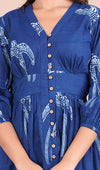 girl in indigo dress closeup view