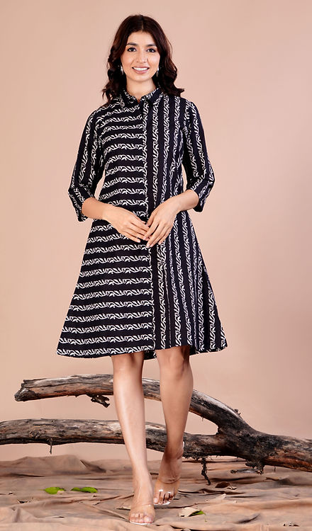 White Vine Block Print Midi Dress