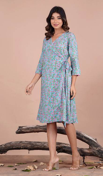 Blue Ditzy Floral Pattern Midi Dress - Mayin Clothing