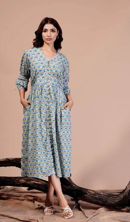 Green Yellow Vector Flower Midi Dress - Mayin Clothing