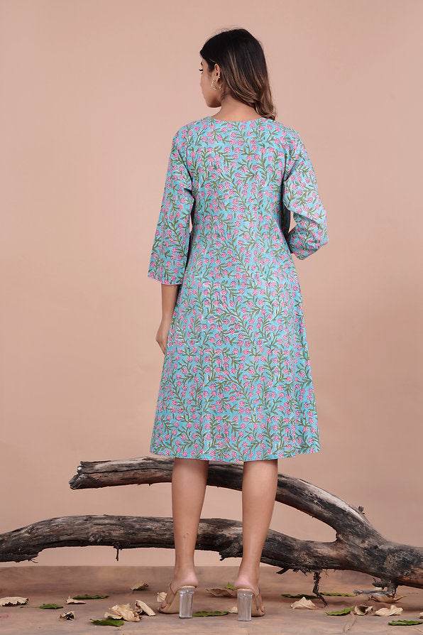 Blue Ditzy Floral Pattern Midi Dress - Mayin Clothing