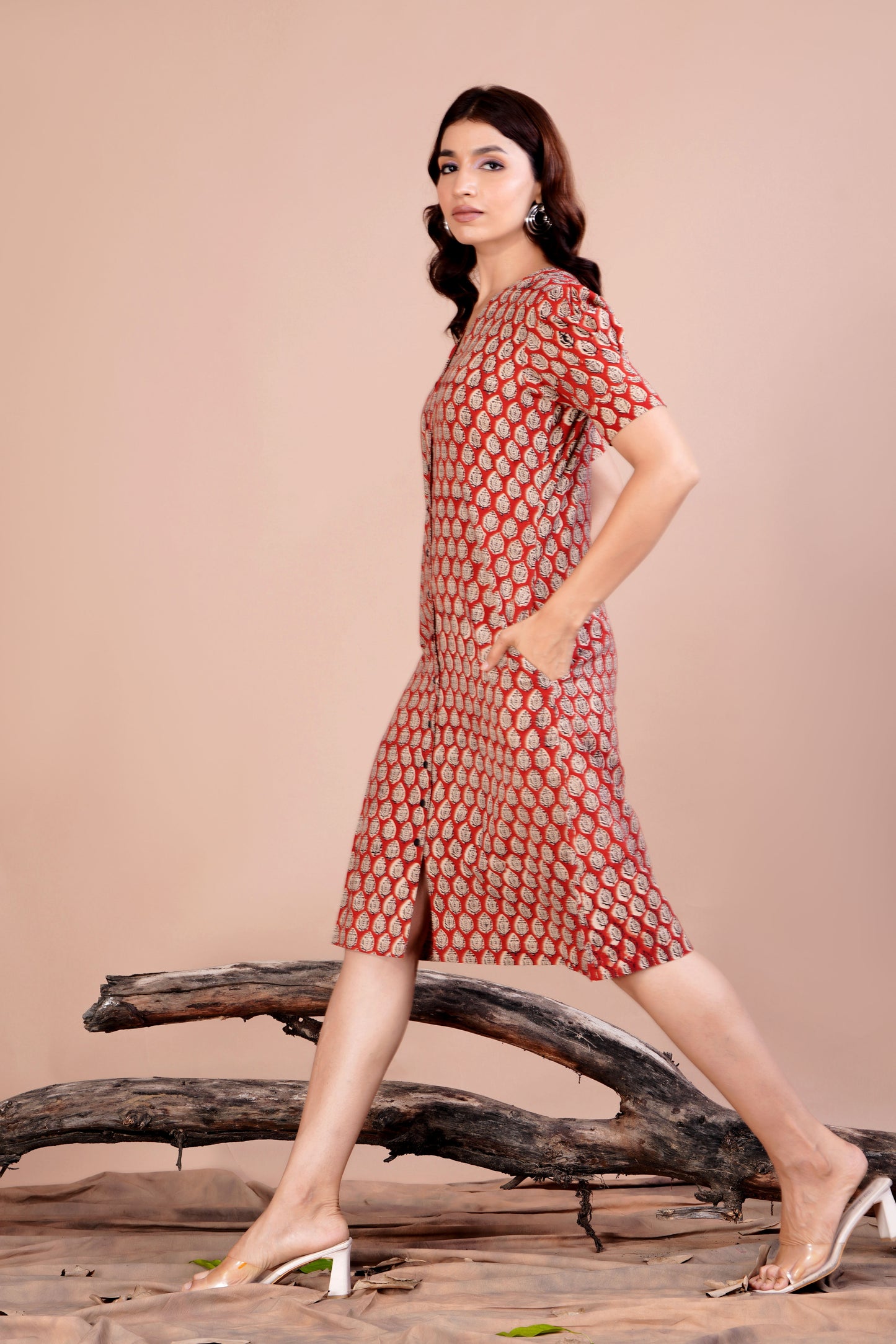 red midi dress left view