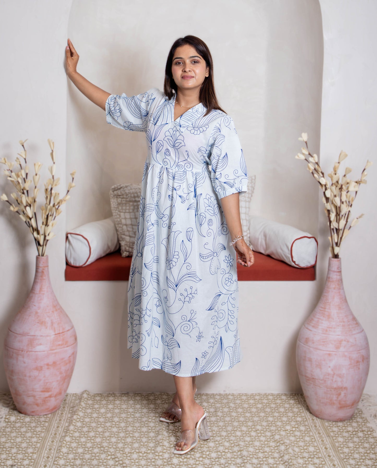 front view of blue white dress