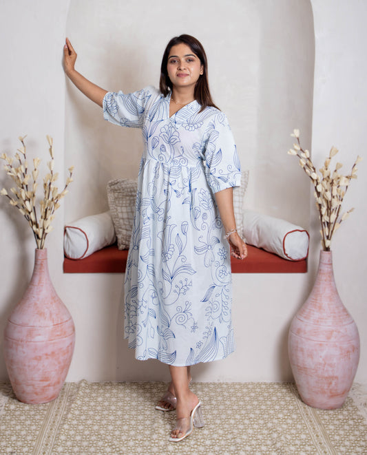front view of blue white dress