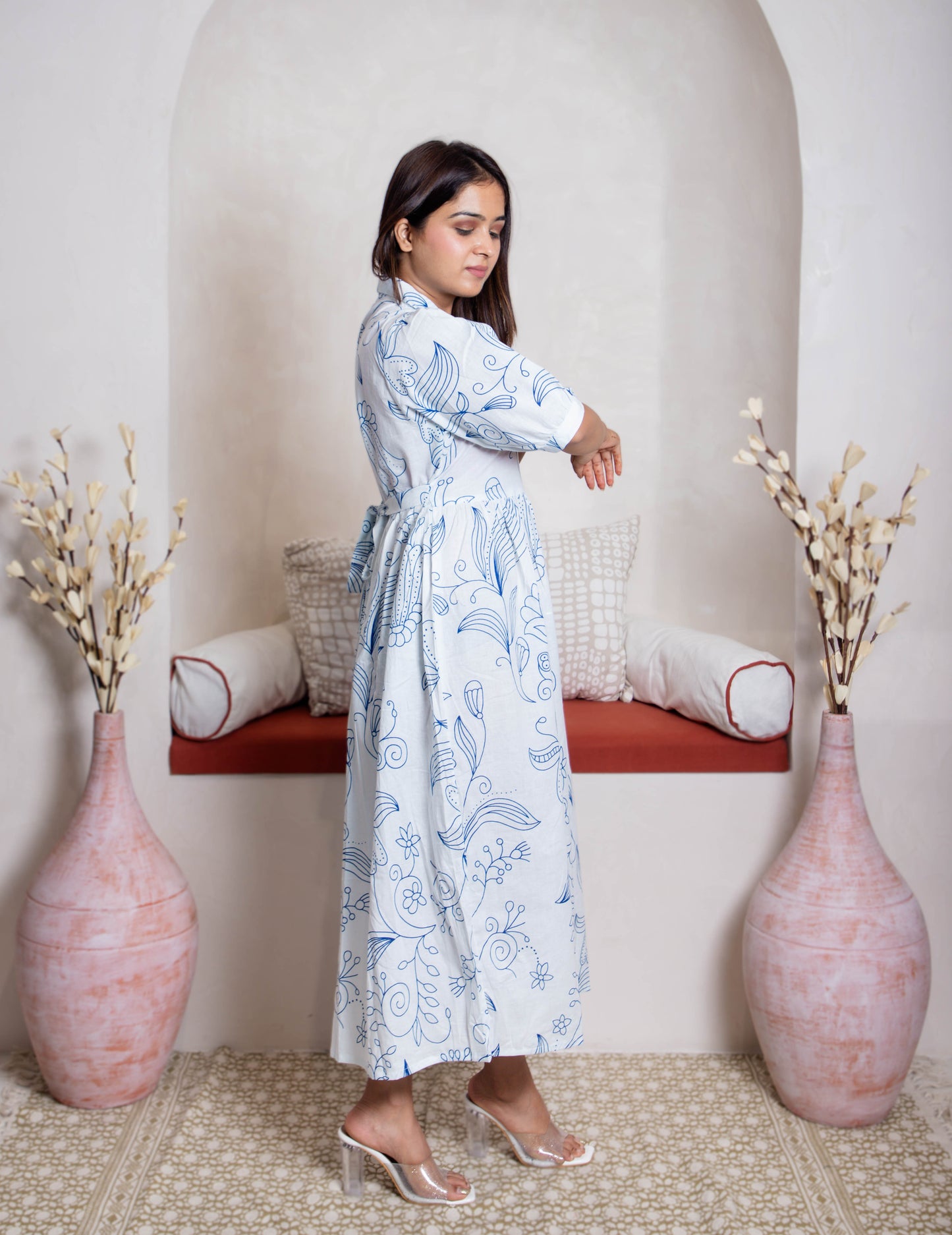 girl wearing white blue dress