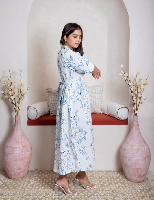 girl wearing white blue dress