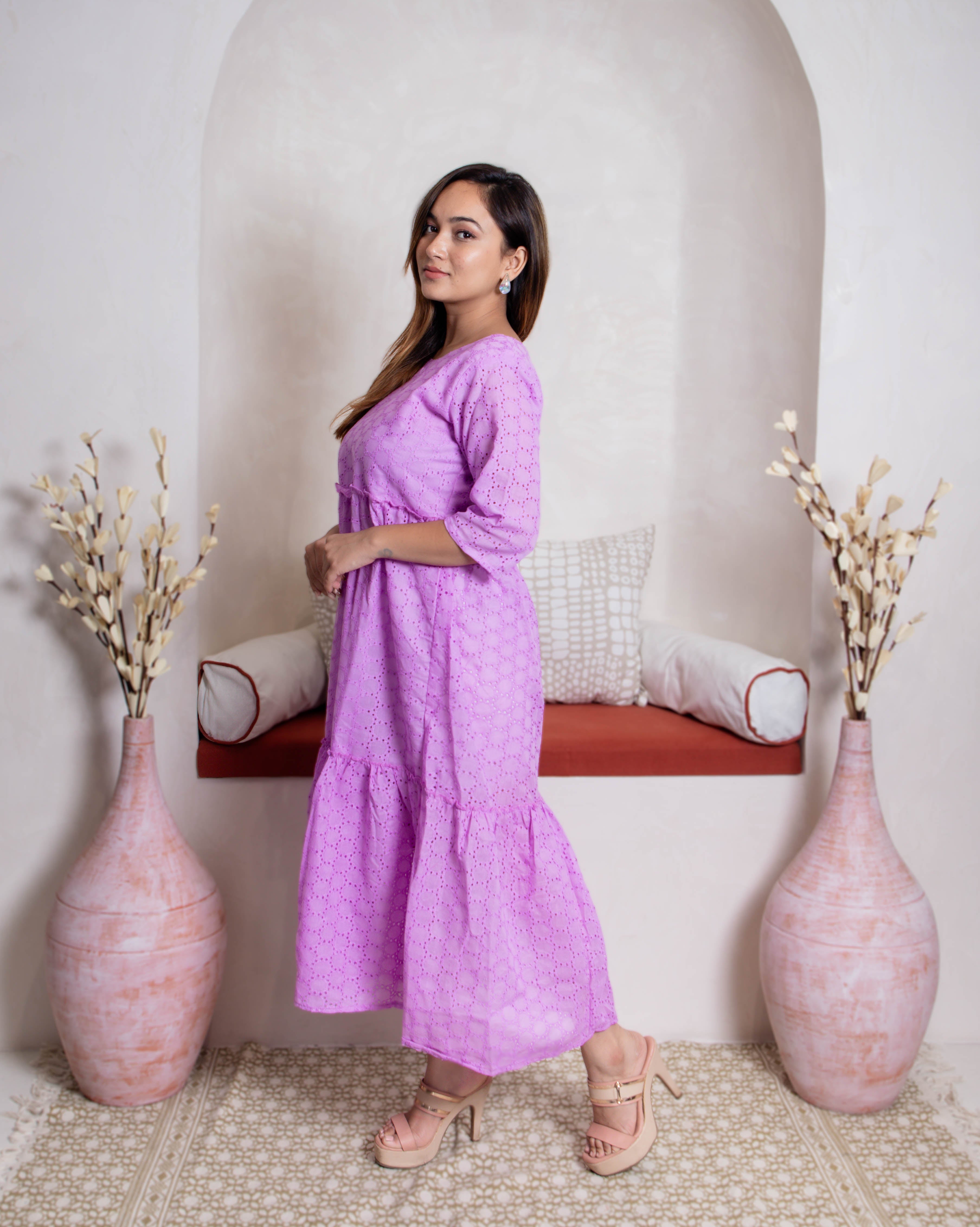 left view of purple long dress