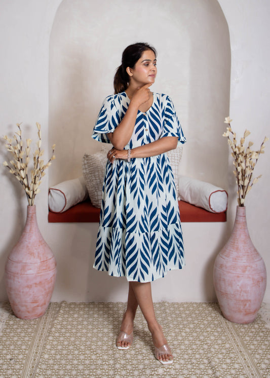 girl in blue branches dress
