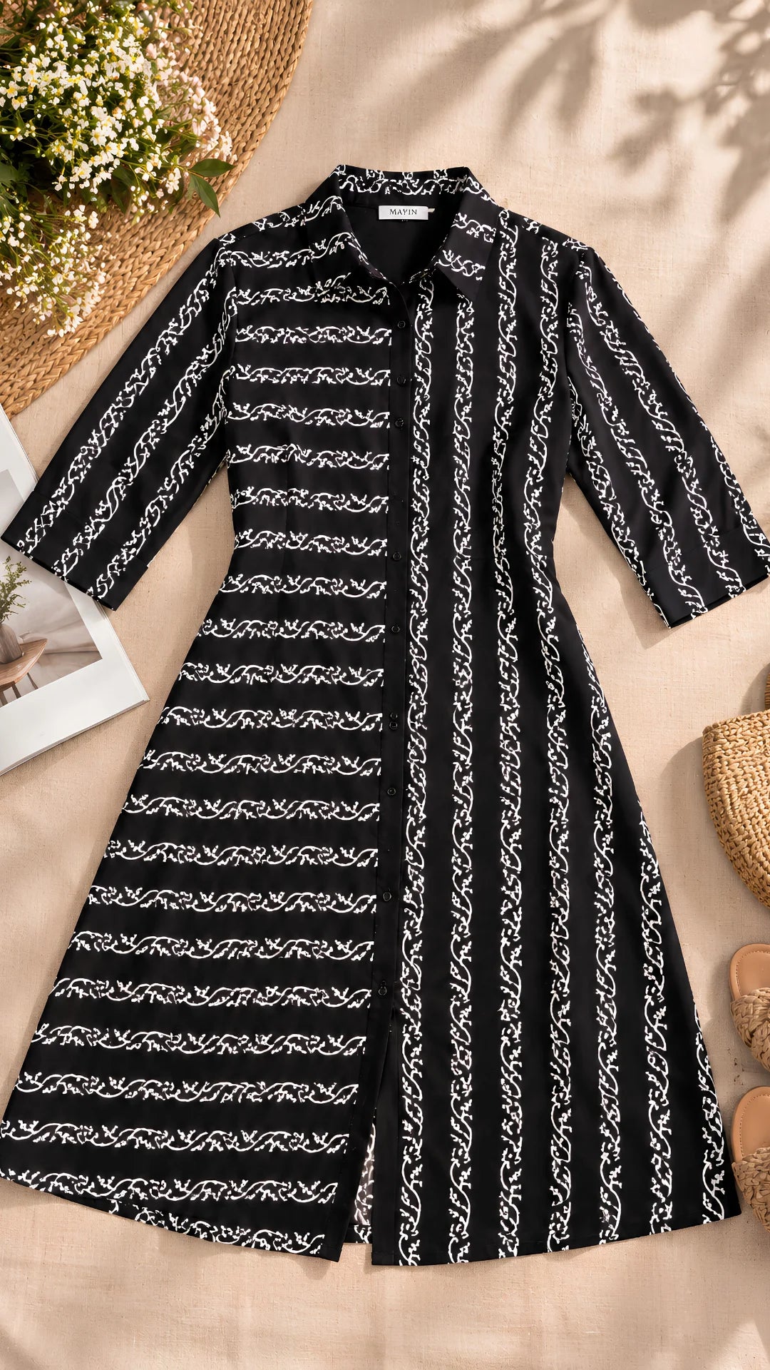White Vine Block Print Midi Dress